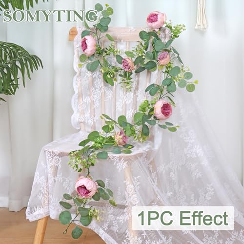 2 Pack 13FT Flower Garland, Artificial Rose Vine Fake Flower Garland Silk Rose Peony Vines Faux Valentine Floral Garlands for Wedding Party Arch Table Backdrop Wall Decoration (Vintage Pink) - color: Vintage Pink, size: 2PCS