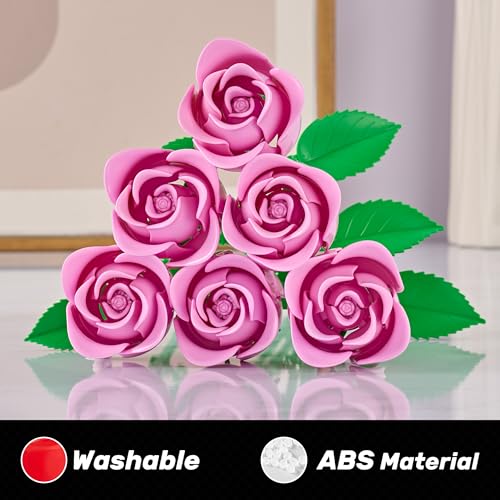 Rose Flower Bouquet Building Set: Artificial Flowers Botanical Collection Blocks Kit for Women Girls Wife Adults Home Decor Thanksgiving Christmas Mother's Day Valentine's Gifts 6-Pack - color: New Pink