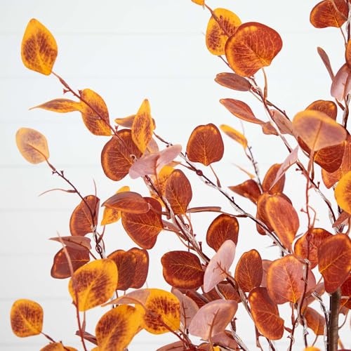 Nearly Natural 6-FT Pre-lit Artificial Autumn Eucalyptus Tree with 300 Warm White LED Lights, Faux Eucalyptus Tree with Fall Colors for Home & Office Décor in Black Nursery Planter