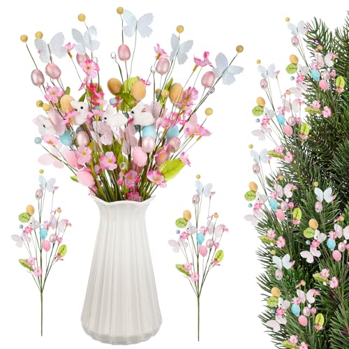 6 Pcs Artificial Easter Bunny Picks Stems Spring Berry Floral Tree Branches with Easter Egg Twig Branches Butterfly Decorative for Topiary Arrangement Centerpiece Celebration Home Vase Decor