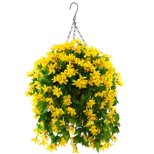 INQCMY Artificial Hanging Flowers in Basket for Patio Garden Decoration,Faux Silk Violet in Planter UV Resistant Realistic for Outside Home Porch Balcony Yard Decor(Yellow) - color: Yellow