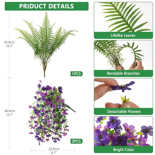 INQCMY Artificial Fake Hanging Flowers with Fake Fern for Outdoors UV Resistant Artificial Plants Spring Decor Look Real Faux Flowers for Outside Home Planter Porch Patio Decor - color: 3pcs Double Purple,1pcs Fern