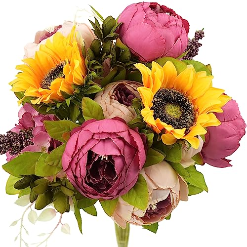 FiveSeasonStuff ''Country Cottage'' Silk Pink Peonies and Sunflowers Mix Flower Bouquet Artificial Flowers