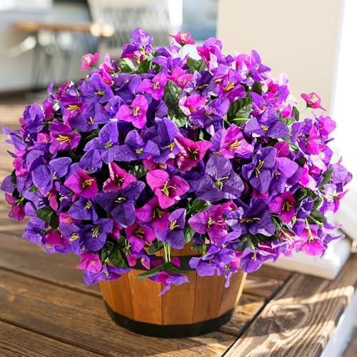 Artificial Flowers Plants for Outdoors Spring Summer Decor, 4 Bundles Fake Bougainvillea Silk Outside Flowers UV Resistant Look Real for Outdoor Planter Patio Porch Window Garden Home, PurpleFuchsia - color: Purplefuchsia
