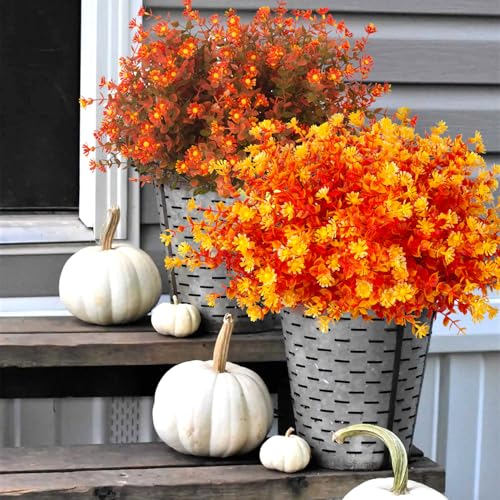 Grunyia 12 Bundles Artificial Fall Flowers No Fade Faux Autumn Plants, Fake Indoor Outdoor Greenery Decorations for Thanksgiving Christmas Wedding Party Home Garden Fireplace Décor (Fall Red) - color: Fall Red