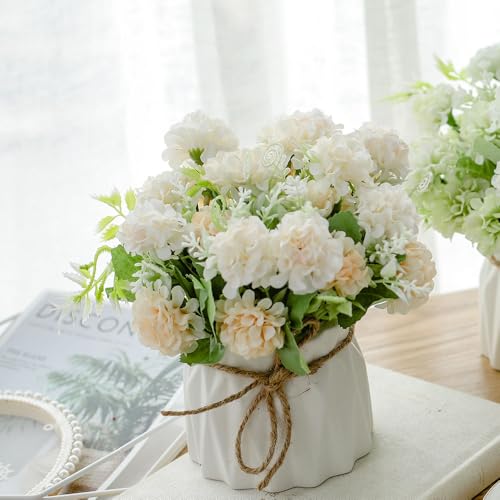 TKAS Fake Flowers Arrangement in Ceramic Vase, Artificial Faux Silk Hydrangea, Small Realistic Dried-Style Floral, Dining Table Centerpiece for Wedding Party Home Decoration (White) - color: White