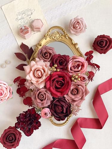 FACINOC Roses Artificial Flowers Burgundy Fake Flower Bulk for DIY Wedding Bouquet Bridal Baby Shower Centerpiece Table Decorations Cake Decorating Silk Faux Floral Arrangements Party Home Decor Dusty - color: Burgundy, Dusty Rose