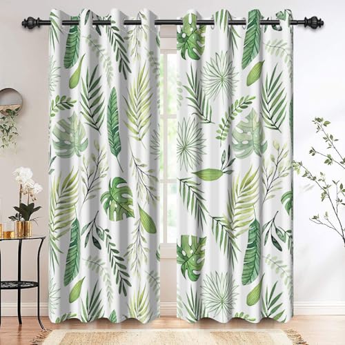 Renaiss Green Leaf Blackout Curtains, Tropical Safari Plants Patterned Thermal Insulated Bedroom Window Curtains, Eucalyptus Botanical Window Curtains for Kitchen, 45" L x 29" W 2 Panel Set - color: Green & White, size: 29"W x 45"L (Pack of 2)