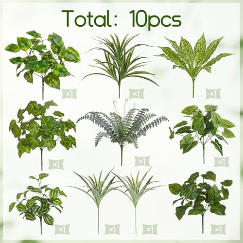 Pertivery 10 Bundles Artificial Plants, UV Resistant Outside Faux Plants Bushes, Large Fake Realistic Plastic Leaves and Stems, for Outdoor Garden, Patio, Yard,Porch Decor (Green) - color: Green