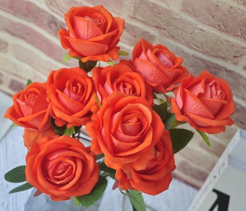 Kenpal Realistic Fake Roses Artificial Flowers with Stem for Decoration Floral Arrangement Centerpieces Wedding Bouquets (10, Orange) - color: Orange