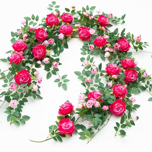 2 PCS 12FT Bendable Flower Garland, Artificial Rose Vine Hanging Floral Garland Decoration for Weding Home Room Wall Decor (Fushia, 2pcs) - color: Fushia, size: 2pcs