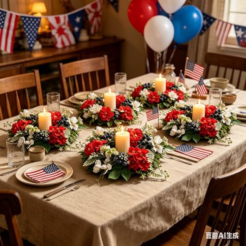 6 Pcs Small 4th of July Hanging Wreaths for Cabinets with Red Flowers White Blossoms Blue Berries American Flag Bow Mini Independence Day Candle Rings Wreath for Home Kitchen Front Door Window Porch - color: Patriotic-12