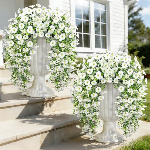 4PCS Artificial Hanging Flowers for Outdoors, 600 Blooms UV Resistant Morning Glory Vine Fake Flowers with Eucalyptus, Realistic Silk Faux Hanging Plants Spring Summer Decorations for Outside (White) - color: White, size: 4PCS