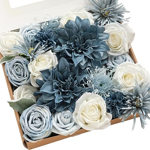 Ling's moment Fake Flowers Box, Faux Artificial Greenery Stems Foam Roses Silk Dahlia Fabic Flower for Centerpieces Bouquet Wedding Vase Floral Arrangement Decorations, Dusty Blue & Navy, Grand Combo - color: Blu-dusty Blue & Navy, size: Grand