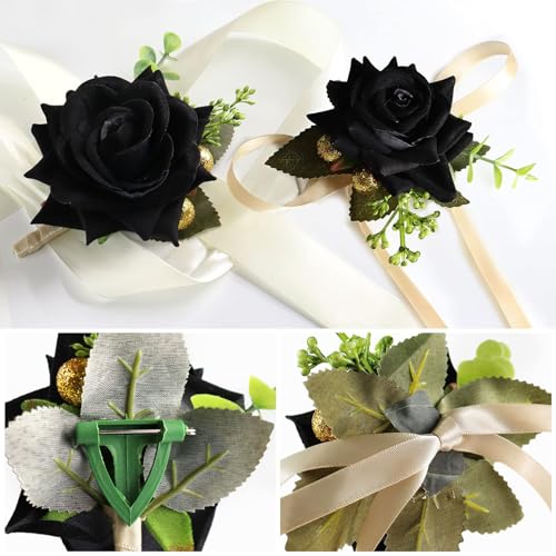 Wrist Corsage for Women Girl Artificial Black Rose Silk Flowers Wristlet Corsage for Wedding Anniversary Prom Formal Dinner Party Decoration Black Rose Corsage - color: Black Rose Corsage
