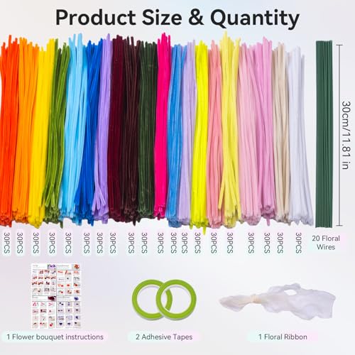 Pipe Cleaners Flower Kit, 600Pcs Chenille Stems, 20 Assorted Colors 30Pcs/Color Soft Bendable Fuzzy Craft Sticks, All-in-One DIY Craft Supplies for Adults, Holiday Decor and Flower Bouquet Making - color: 20 Colors