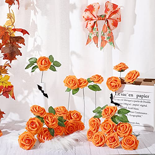 Syhood Artificial Foam Rose Flowers Vintage Fake Roses DIY Bouquets with Leaves and Stems for Wedding Bridal Shower Party Centerpieces Home Romantic Decor(Orange,50 Pieces) - color: Orange