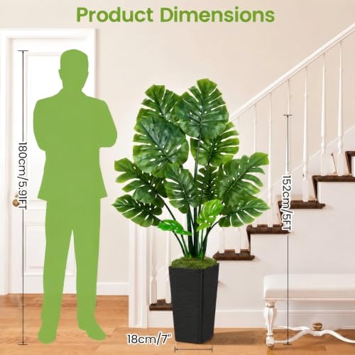 UPBUD Artificial Monstera Deliciosa Plant, 5FT Fake Tree with Real Touch Green Leaves & Black Square Pot, 60in Tall Faux Floor Trees Fake Plants for Indoor Outdoor Porch Living Room Decor - color: Green Leaves Black Planter