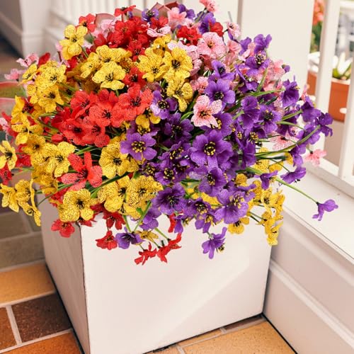 Geegoods Artificial Mums Flowers for Outdoors, 16 Bundles UV Resistant Fake Plastic Colorful Mix Flowers for Patio Porch Spring Summer Decor - color: Mix 4 Colors, size: 16PCS