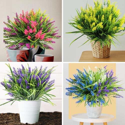 Artificial Flowers for Outdoors, 24 Bundles 6 Colors Fake Lavender Flowers Monkey Grass, Faux Plants Shrubs, UV Resistant Artificial Plants for Outdoor Garden, Window Box, Patio, Wedding Decorations