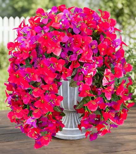 HyeFlora Bougainvillea Artificial Hanging Flowers Plants for Outdoors Decoration, 2pcs Fake Flowers Silk Bougainvillea Vines Realistic UV Resistant Faux Flowers for Outdoor Planters Porch Patio, Mix - color: Purple + Hot Pink