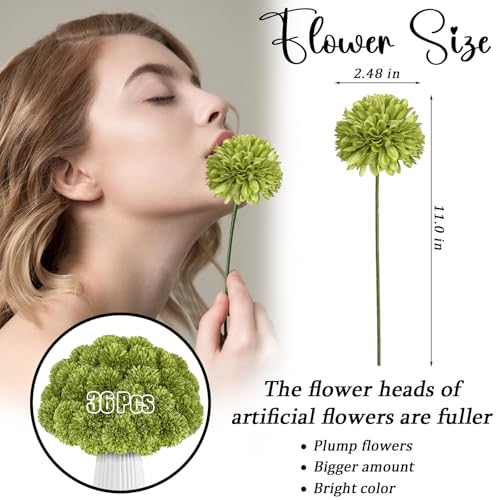 36 Pcs Artificial Chrysanthemums Flowers Green Ball Flower Silk Fake Mums Flowers for Home Decor Outdoor Wedding Floral Arrangement St Patricks Day Table Centerpiece - color: Green