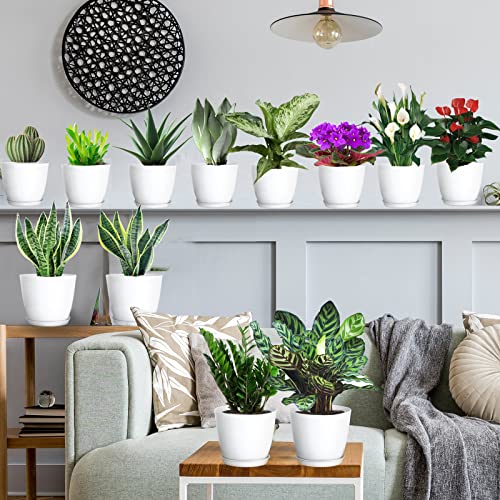 SwinDuck Plant Pots, 12 Pack 6 inch Modern Plastic Planters with Drainage Holes and Saucers for Indoor Outdoor Plants and Flowers, White - color: White