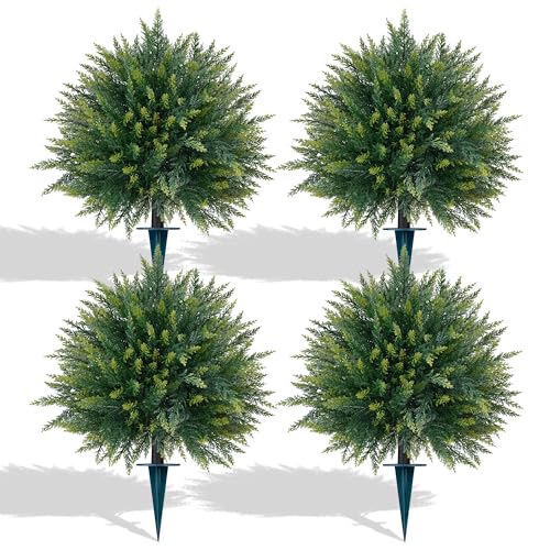 Yangrass 4PCS Artificial Cedar Topiary Ball Trees 23" for Outdoors with Ground Spike, UV Resistant Artificial Cypress Trees, Evergreen Shrubs Bushes Faux Plants for Front Porch Garden Backyard - color: 4pcs Cypress