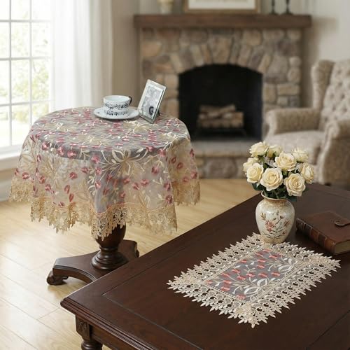Lace Table Runner Floral Embroidery Fabric Rustic Table Runners Elegant Chic Table Transparent Cover for Home Dining Room Tabletop Decor Wedding Party Dresser (Champagne&Pink, 24 x 24 Inch(Round)) - color: Champagne&pink, size: 24 x 24 Inch
