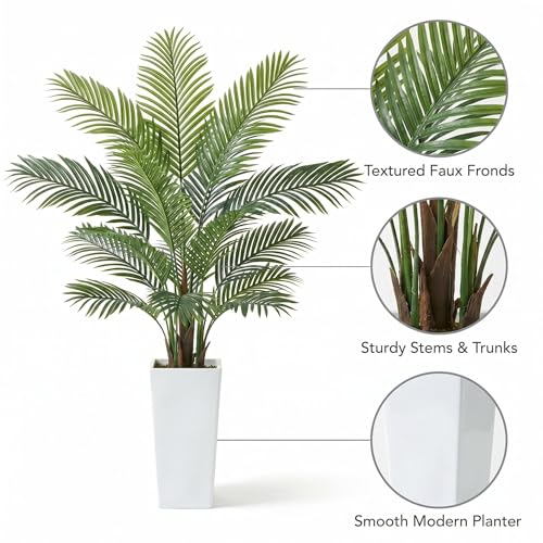 5FT Artificial Palm Tree in Tall White Planter, Realistic Faux Tropical Plant with UV-Resistant Leaves, Maintenance-Free Indoor Outdoor Palm Trees Floor Plant for Patio Home Office Porch Decor