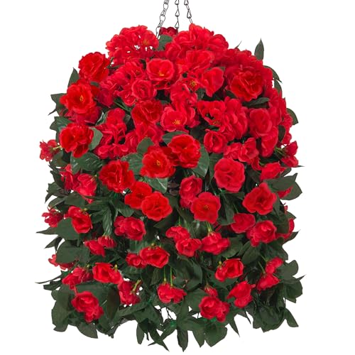 Artificial Geraniums Fake Hanging Flowers Plants Basket for Outdoors Spring Summer Outdoor Decor, 3PCS Faux Silk Geraniums Vines in Planter Realistic UV Resistant for Outside Balcony Patio Porch Home - color: Red