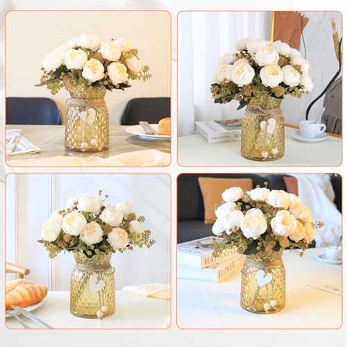 Faux Flowers in Vase,Fake Flowers in Vase 21 Pcs Faux Peony Flowers,Artificial Flowers for Home Decor, Indoor Centerpiece for Living Room & Dining Table (White) - color: White Peony