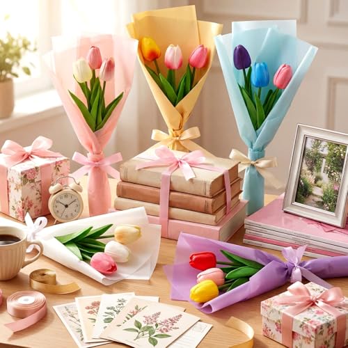 Zeyune Graduation Gifts Mini Faux Tulip Bouquet Kit, 10 DIY Artificial Tulip Flower Bouquets with Wrapping Paper and Ribbons, Class of 2026 Party Favors Gifts for Students Teachers Guests(Multicolor) - color: Multi Color