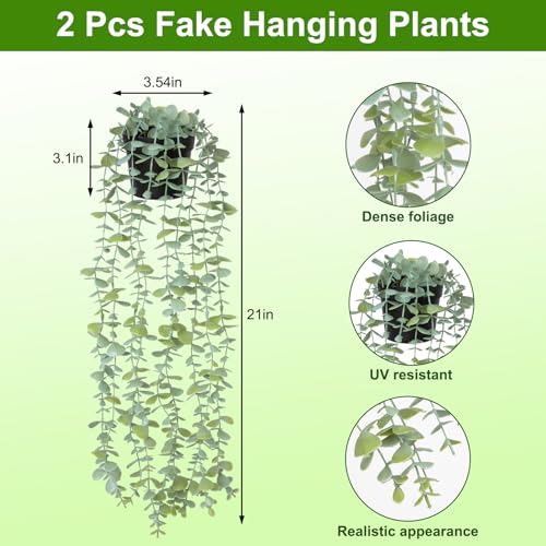 echosari 2 PCS Fake Hanging Plants, Artificial Potted Plants Eucalyptus, Greenery Faux Plants Indoor for Modern Boho Home Bedroom Wall Book Shelf Decor - size: 2 PCS
