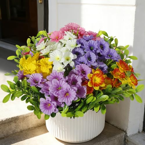 Faux Outdoor Plants UV Resistant, 12pcs Realistic Artificial Flowers, Silk Daffodils Flowers for Outdoor Planters, Colorful Faux Flowers ＆ Plants for Garden Outside Patio Porch Window Home Decor - color: Multi Color（mixed 6 Colors）, size: 12 pcs