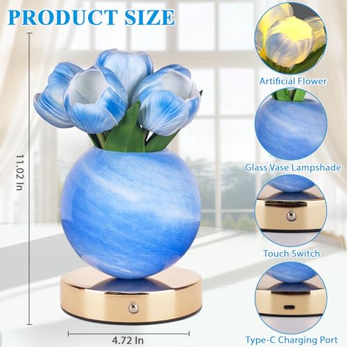 Tulip Table Lamp, Rechargeable Cordless Touch Dimming Artificial Tulip Flower Desk Lamp, LED Flower Bedside Night Light Romantic Gifts for Girl Women Mom (Blue Tulip) - color: Blue Tulip