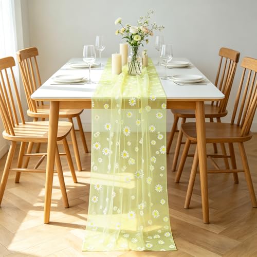 Daisy Gauze Table Runner 120 Inch 10FT, Floral Flower Tulle Table Runner Seasonal Kitchen Dining Table Decorations for Party Wedding Christmas Holiday Birthday (Yellow) - color: Yellow