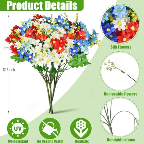 Uieke Artificial Flowers for Outdoors, 12 Bundles Daisy Mums Fake Flowers Realistic Faux Flowers Spring Summer Decoration UV Resistant for Planters Porch Patio Garden Window Box Outside Home Decor - color: Red, White, Blue, size: 12