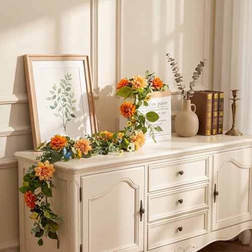 Giegxin 1 Pack 6 ft Artificial Flower Garland Flower with Dahlia and Daisy Yellow Fake Butterflies Wisteria Vines Summer Greenery Eucalyptus Garland for Wedding Mantle Porch Stair Table Indoor Decor - style: Dahlia,Daisy Flower,Butterflies