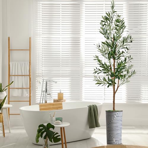 Artificial Tree in Modern Geometric Pattern Planter, Fake Olive Silk Tree for Indoor and Outdoor Home Decoration - 68" Overall Tall (Plant Pot Plus Tree) - style: Olive Tree