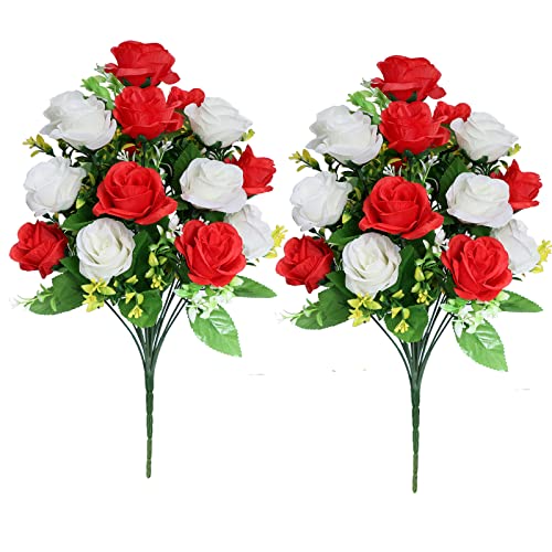 LVXINLI 2 Sets Artificial Cemetery Flowers,Memorial Flowers,Beautiful Arrangements for Headstones,Black Plastic vase with Drainage Hole Long Spikes Outdoor Memorials (Red and White)… - color: Red and White