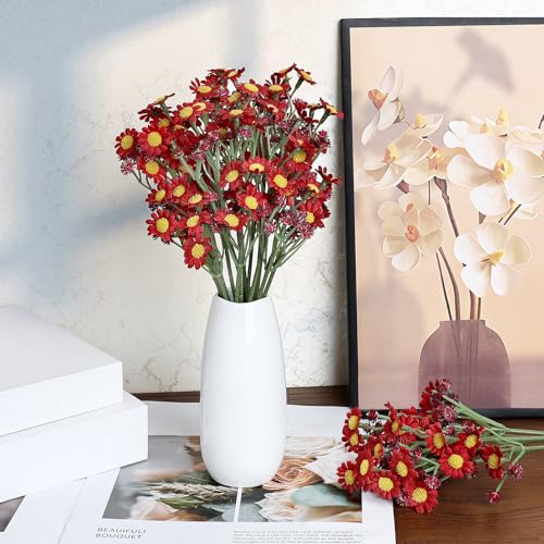 Small Daisy Flowers Artificial Wildflowers Chamomile Red 18 Pcs | Mini Daisies Flowers Silk Spring Summer Chamomiles for DIY Floral Arrangements Wedding Table Centerpieces Party Home Decor - color: Red