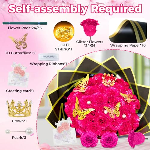 Rose Pink Glitter Roses Bouquet, 36 Pcs Shiny Glitter Flowers Bouquet, Everlasting DIY Artificial Roses Bouquet for Christmas, Birthday, Anniversary, Wedding, Engagement - color: Rose Pink-a, size: 36 PCS