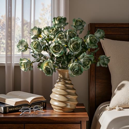 Artificial Flowers Artificial Roses Fake Roses 20PCS Long Stem Artificial Flowers for Tall Vase Silk Rose Suitable for Indoor Decor Wedding Party Decoration DIY Bouquet Autumn,(23.2In,Green) - color: Green
