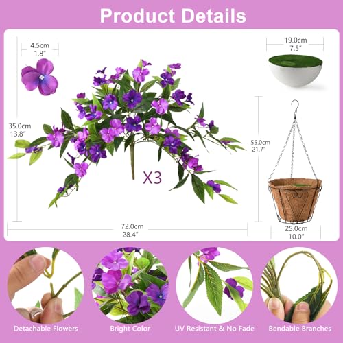 Hommyea Artificial Fake Hanging Flowers Plants Basket for Outdoors Outside Decoration UV Resistant Faux Silk Flowers Look Real Plastic Flowers for Spring Planters Home Porch Patio Garden Decor(purple) - color: 3psc Double Purple