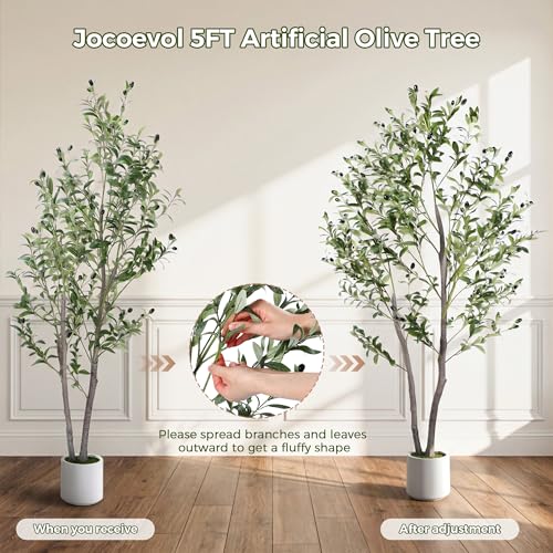 Jocoevol Olive Tree Artificial Indoor 5FT，Tall Faux Olive Tree with White Planter，Realistic Artificial Olive Tree Indoor with Natural Trunk and Lifelike Fruits for Home Office Living Room - size: 5ft
