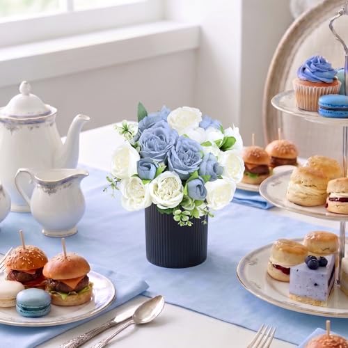 Pre-Made Flower Table Centerpieces, Set of 6 Artificial Silk Peonies with Black Vases for Wedding Reception, Modern Floral Decor for Birthday Party, Anniversary Ceremony - Dusty Blue & White - color: Dusty Blue & White