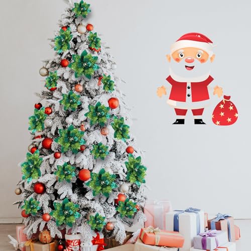 Geosar 36 Pcs Christmas Glitter Artificial Poinsettia Flowers Xmas Poinsettia Artificial Wedding Flowers Decorations Xmas Tree Ornaments with Clips for Party, 6 Inch, 4 Inch, 3 Inch(Grass Green) - color: Grass Green