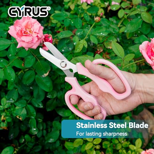 CYRUS Garden Shears Pruner Secateurs 7.5" Pruning Scissors with Integrated Stab Remover Flower Sharp Gardening hand tools Florist Bonsai Cutters Rose Snips Pink - style: Pink
