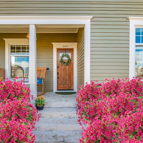 Artificial Flowers for Outdoors 12 Bundles Realistic Faux Plants UV Resistant Fake Silk Morning Glory with Eucalyptus for Front Door Planter Patio Porch Outside Spring Summer Decoration (Magenta) - color: Magenta